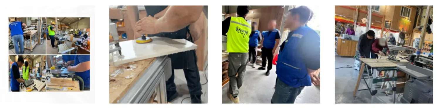 교육생들이 연마기와 타공 장비로 상판을 실습하는 네 장면